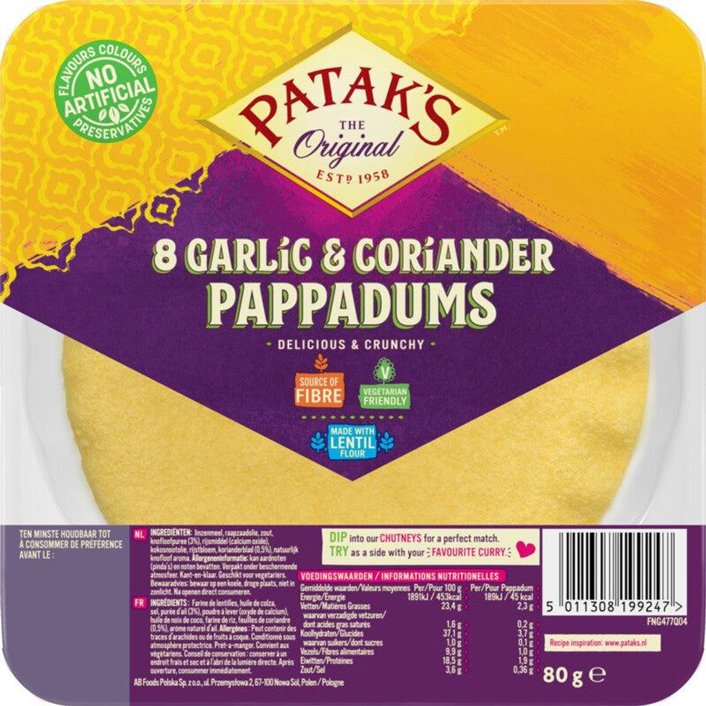 Patak's Pappadums Knoblauch Koriander, 80g – Knusprige Produktbild 