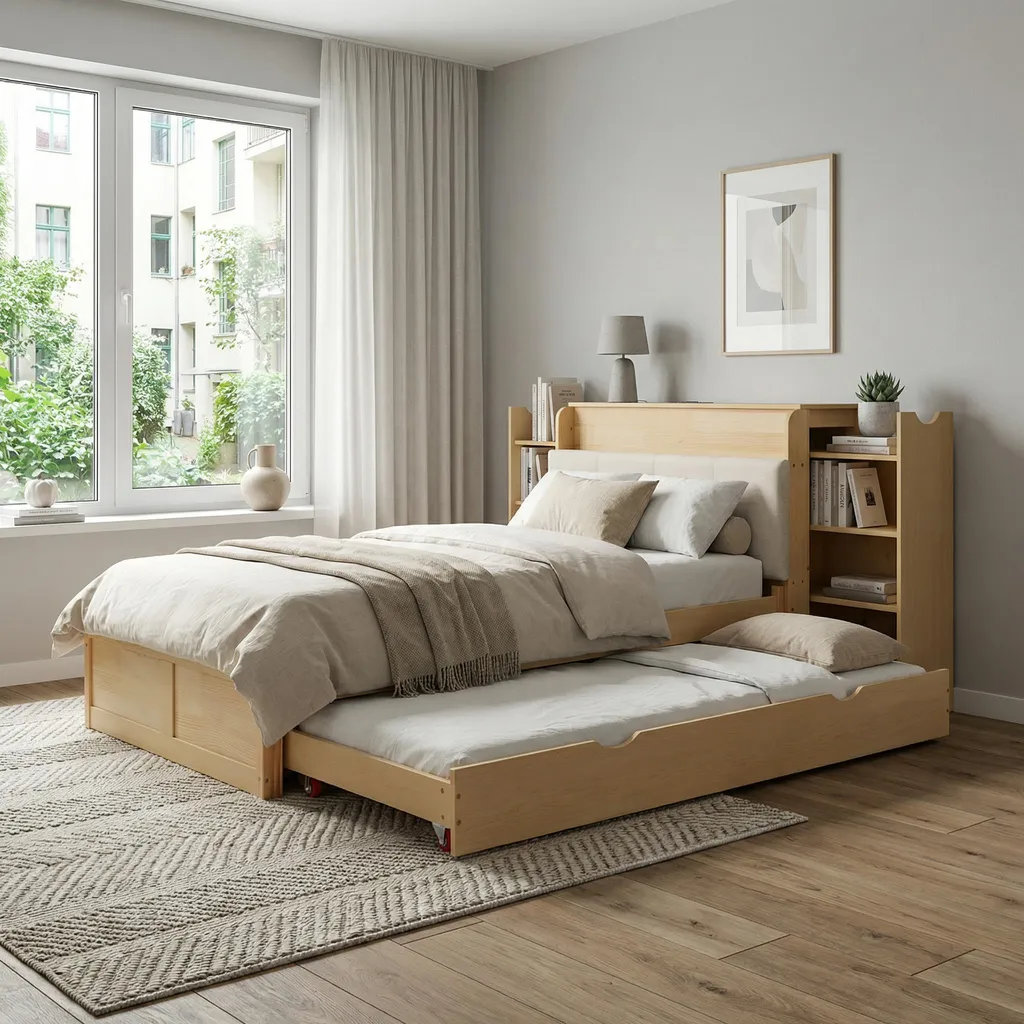 Lit enfant 90x200 cm bois naturel : solution gain de place avec USB - 3