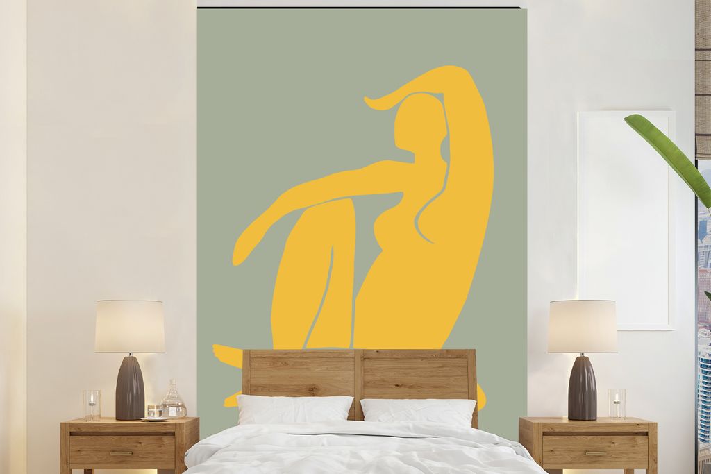 MuchoWow Fototapete für Wohnzimmer oder Schlafzimmer Wandtapete Vinyl Motivtapete Frau - Gelb - Grün - Minimalismus - Design - 160x240 cm - Vin...