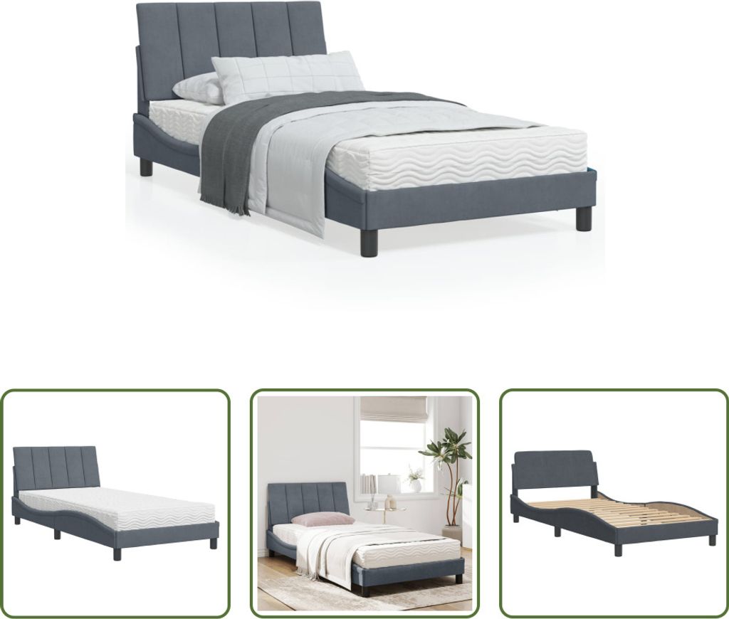 The Living Store Bett mit Matratze Dunkelgrau 100x200 cm Samt