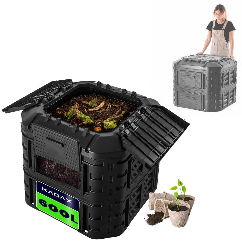 KADAX Modul-Komposter aus Kunststoff "Nybro", Thermokomposter mit klappbarem Deckel, Schwarz, 600L