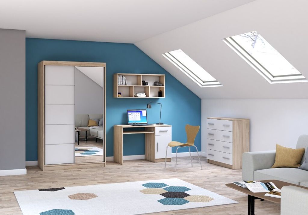 Jugendzimmer Komplett – Set 4-teilig Schrank Wandregal Kommode Schreibtisch Sonoma Eiche/Weiß TOBBY BIS 05