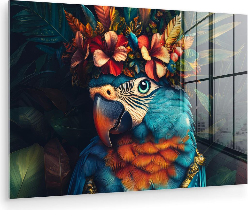 MuchoWow Glasbilder - Bilder auf Wandbild - Foto auf Glas Papagei - Vogel - Bunt - Blumen - Blätter 90x60 cm Wanddekoration aus Glas - Acrylglasbi...