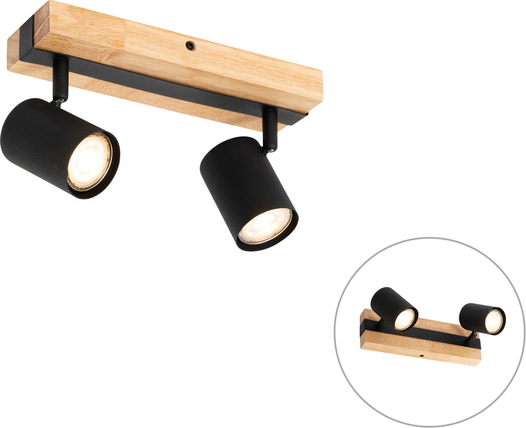 QAZQA - Modern Deckenleuchte I Deckenlampe I Lampe I Leuchte schwarz mit Holz 2-flammig-flammig verstellbar rechteckig - Jeana I Wohnzimmer I Schla...