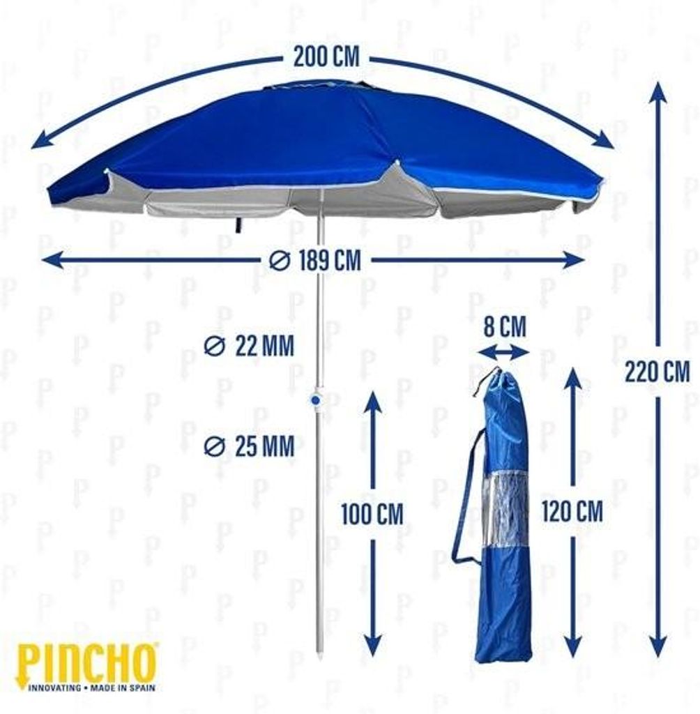 Sonnenschirm für den Strand, Ø 200 cm – Windfest, UV-Schutz 50 – Hochwertige Materialien: Aluminiumrohr und Fiberglasstangen – Inklusive ve...