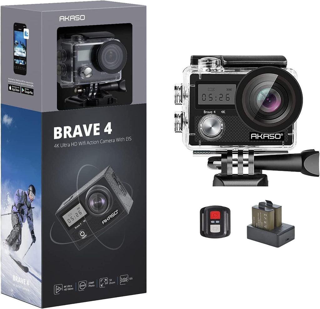 Akaso Action Camera 4K 20MP Kamera/Unterwasserbildstabilisierungsstabilisierung Zoom Zeitlager 30 m Camcorder Fernbedienung 2 Batterien Zubehör Ki...