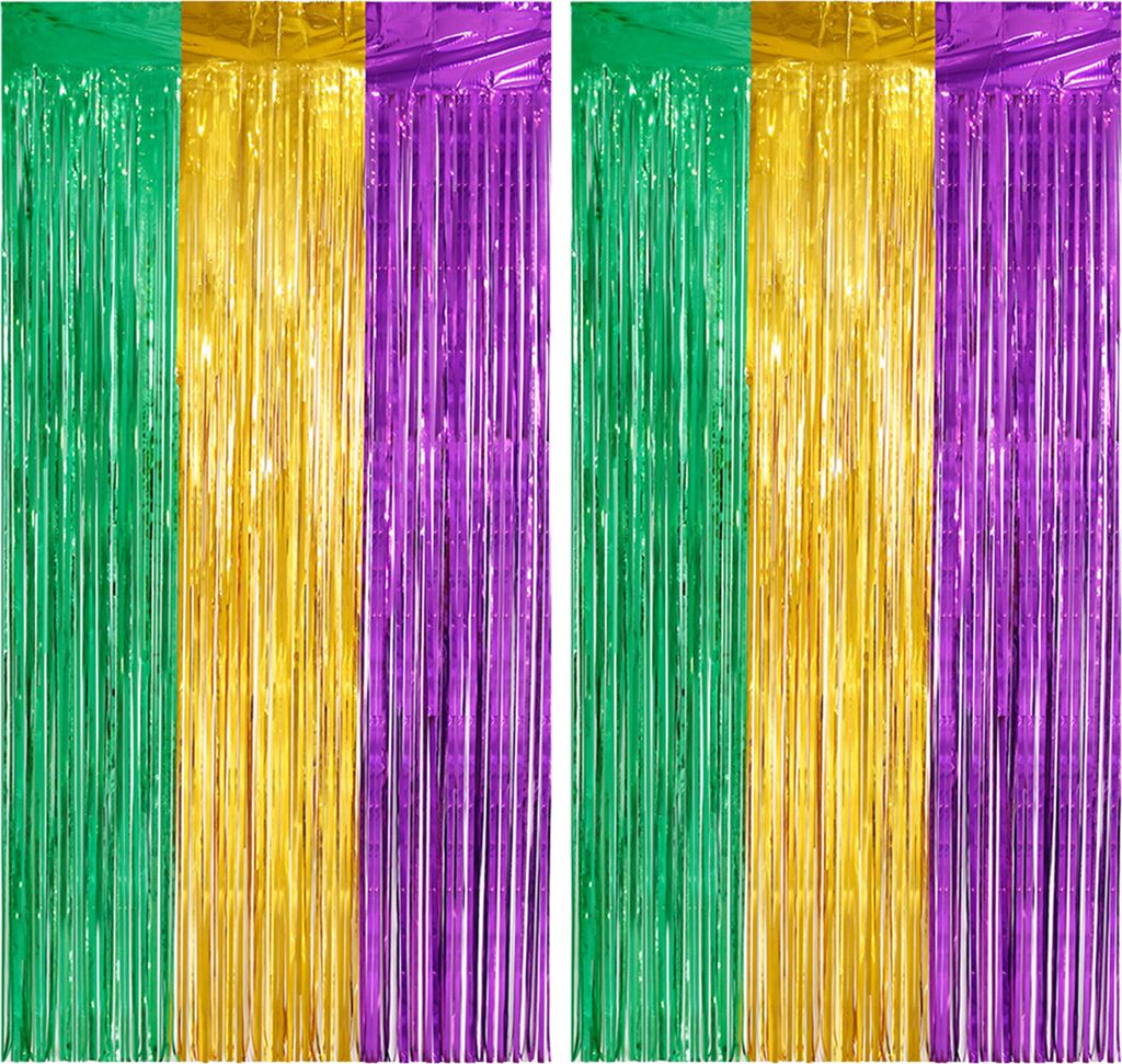 1/2 Stück Karnevals-Fransenvorhang, metallisch, grün, gelb, lila, Folienhintergrund, selbstklebend, Party-Wand-/Tür-Dekoration, Requisite, 2 Stück
