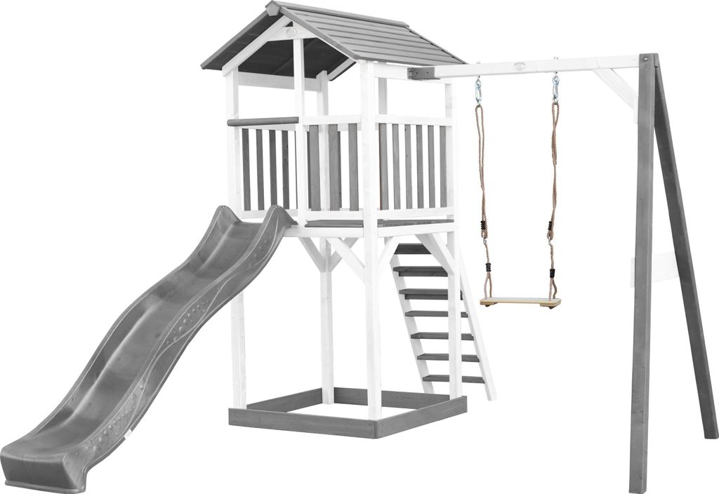 AXI Beach Tower Spielturm aus Holz in Weiß & Grau | Spielhaus für Kinder mit grauer Rutsche, Schaukel und Sandkasten | Stelzenhaus für den Garten