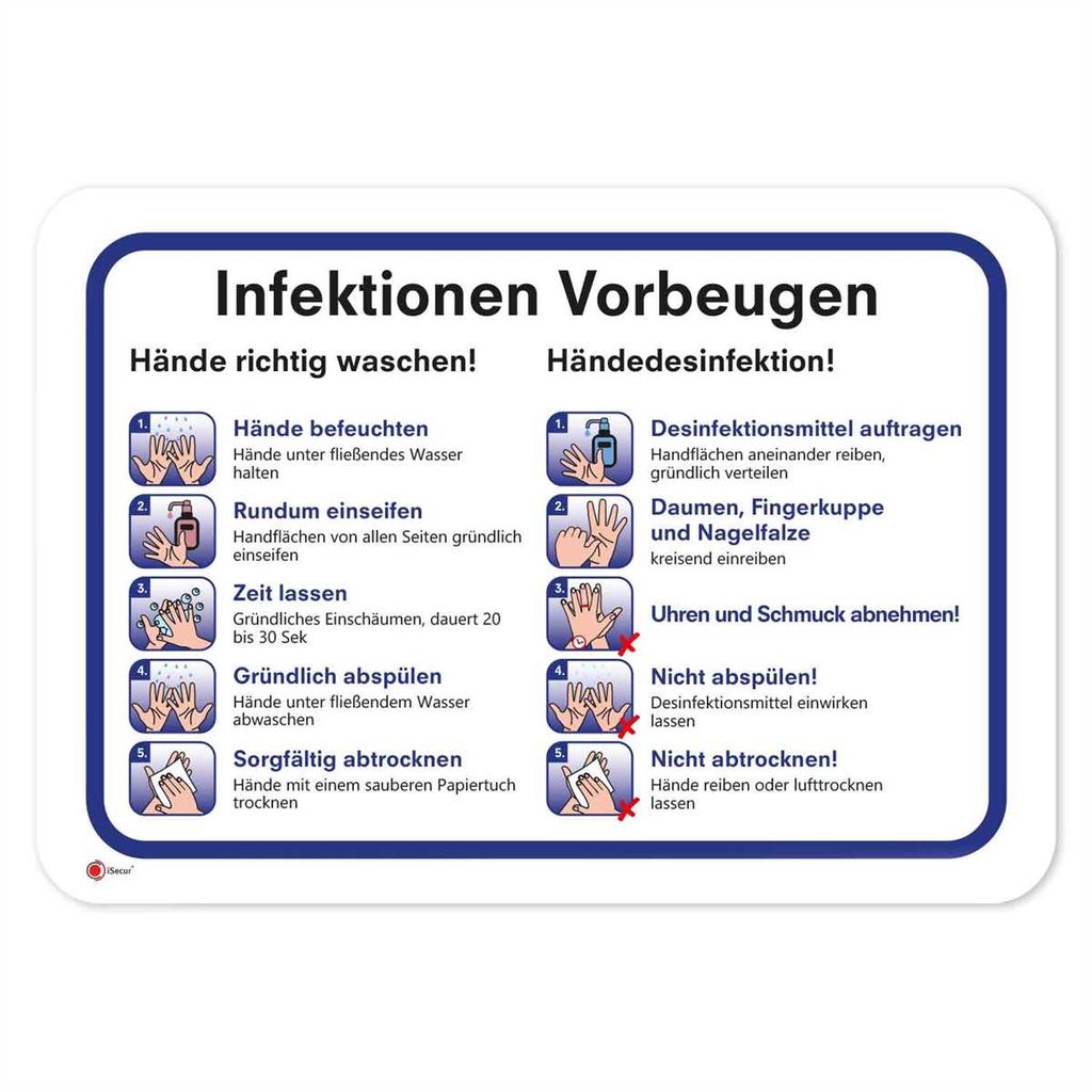 Anleitung zur Vorbeugung von Infektionen I 30 x 20 cm I Hinweis-Schild Gründlich Hände waschen und desinfizieren I Handdesinfektion I Hygienemaß...