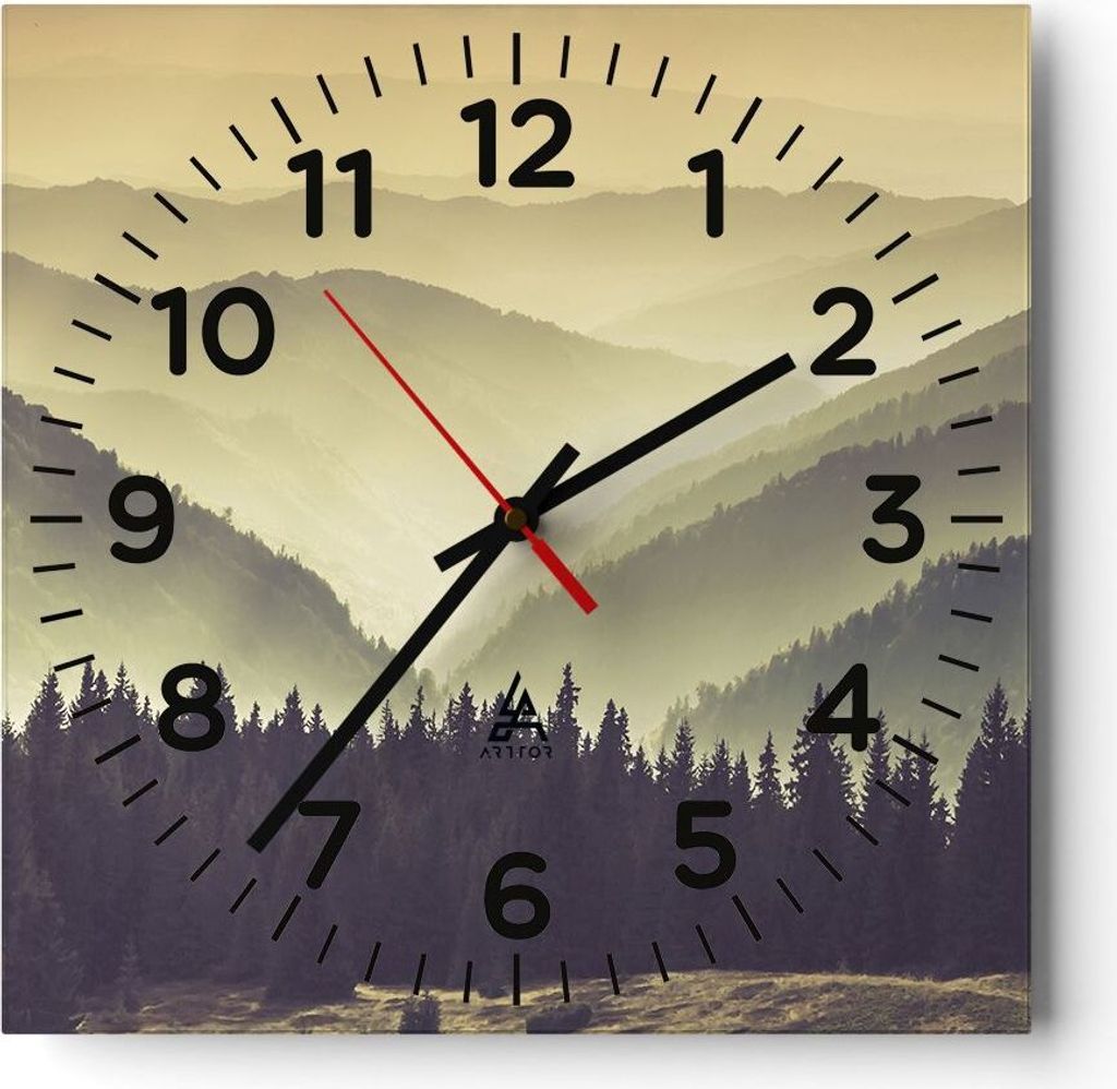 Wanduhr - Quadrat - Glasuhr - Berge Wald Natur - 30x30cm - Produktbild 