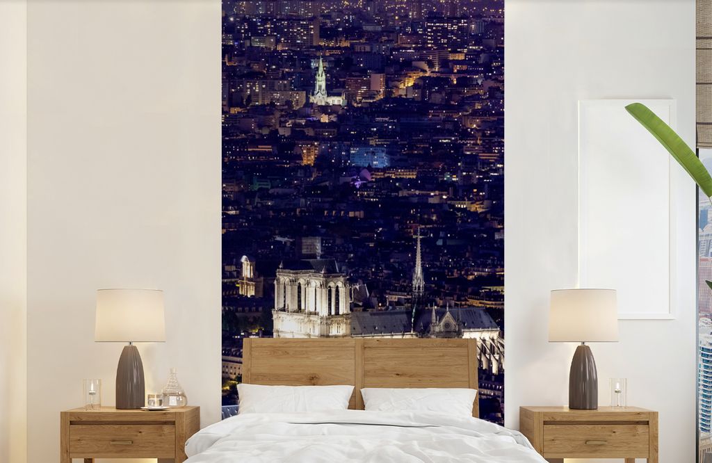 MuchoWow Fototapete für Wohnzimmer oder Schlafzimmer Wandtapete Vinyl Motivtapete Panorama von Paris und Notre Dame - 120x240 cm - Hintergrundbild