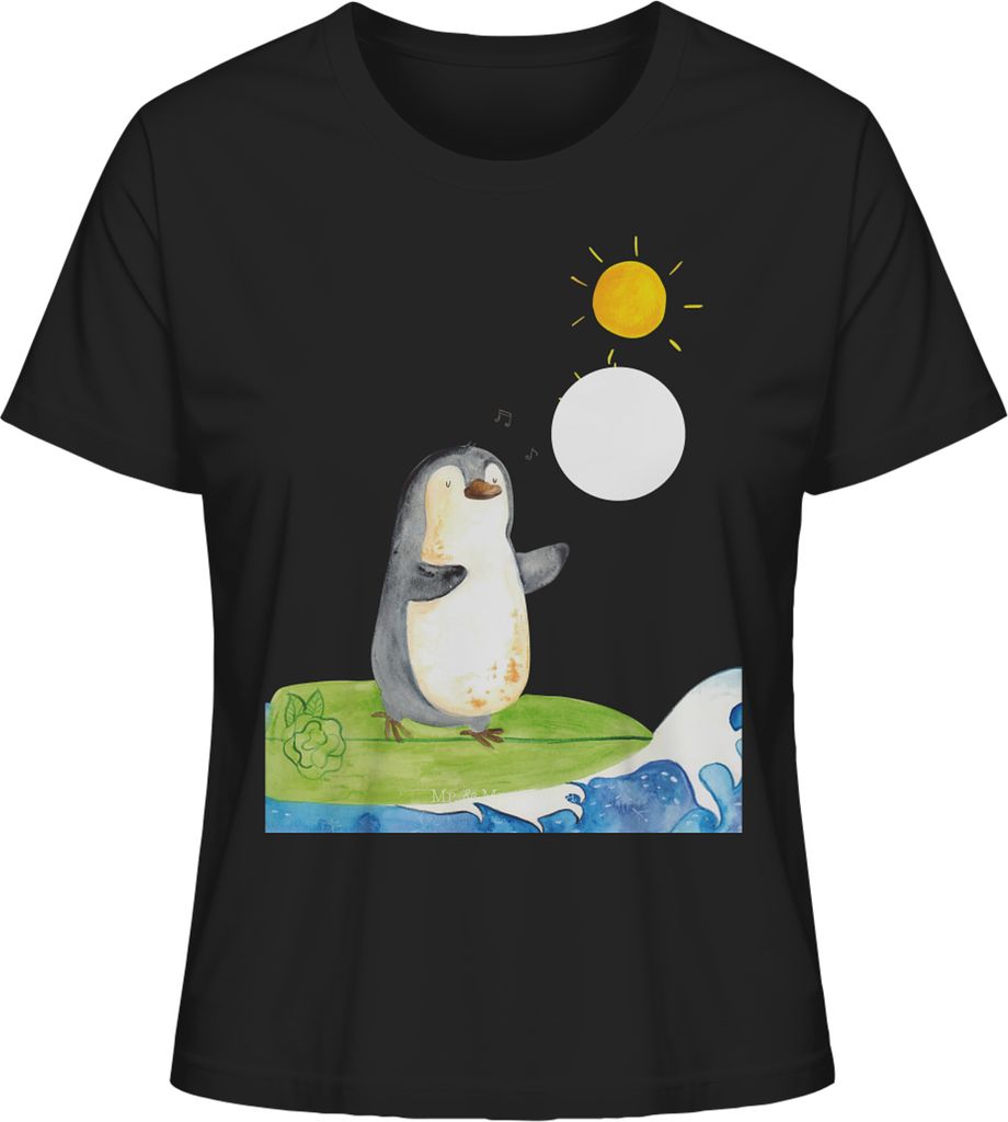 Mr. & Mrs. Panda Damen T-Shirt Pinguin Surfer Größe M - Schwarz - Geschenk, Shirt, Frauen, Motiviert, Oberteil, Urlaub, Portugal, Baumwollshirt, ...