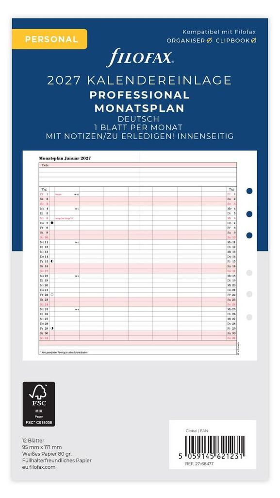 FILOFAX Kalendereinlage 2027 - PERSONAL - 1 Monat = 2 Seiten - Professional - deutsch