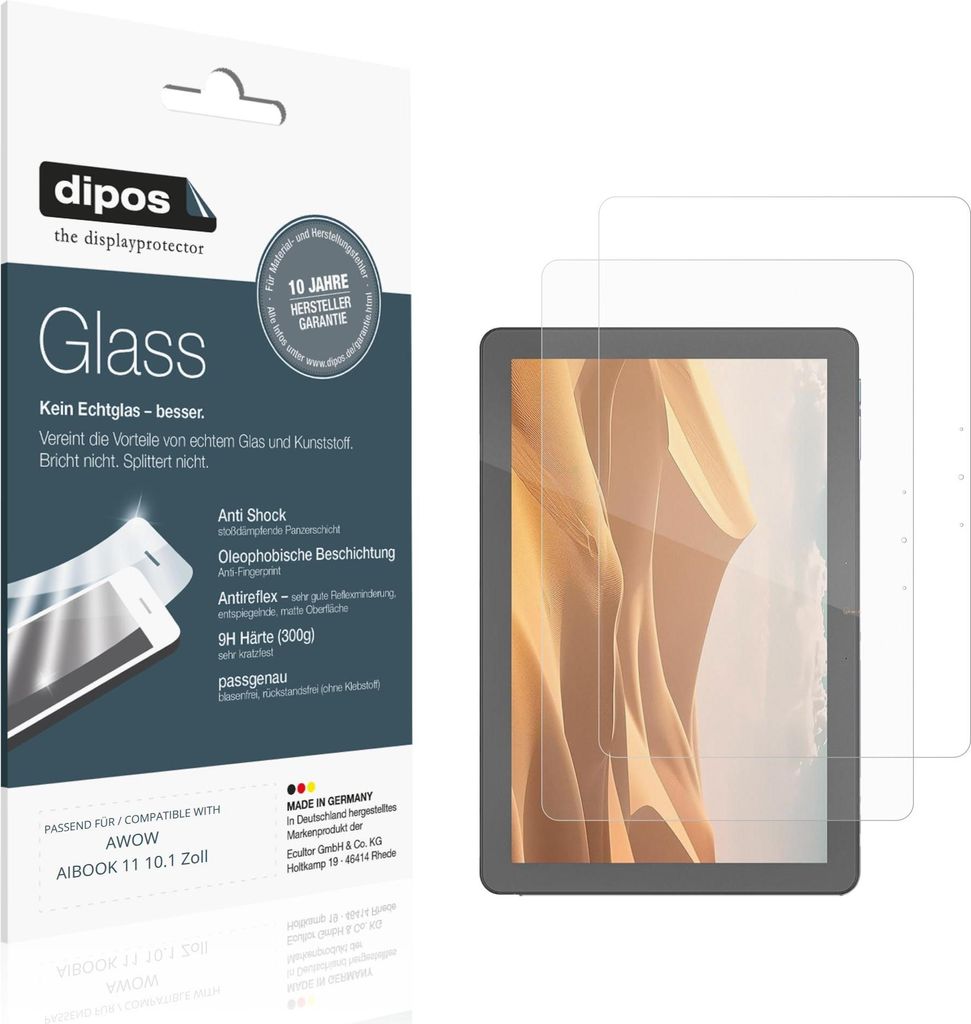 2x Schutzfolie für AWOW AIBOOK 11 10.1 Zoll matt - Anti-Shock 9H Folie dipos Glass Kunststoffglas