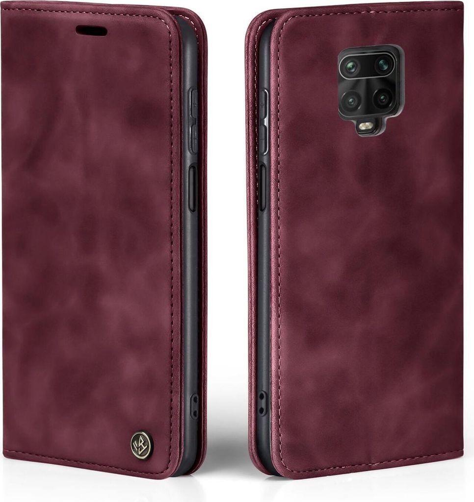 A product shot of a burgundy flip phone case for a Xiaomi Redmi Note 9 Pro, shown from the front and back.