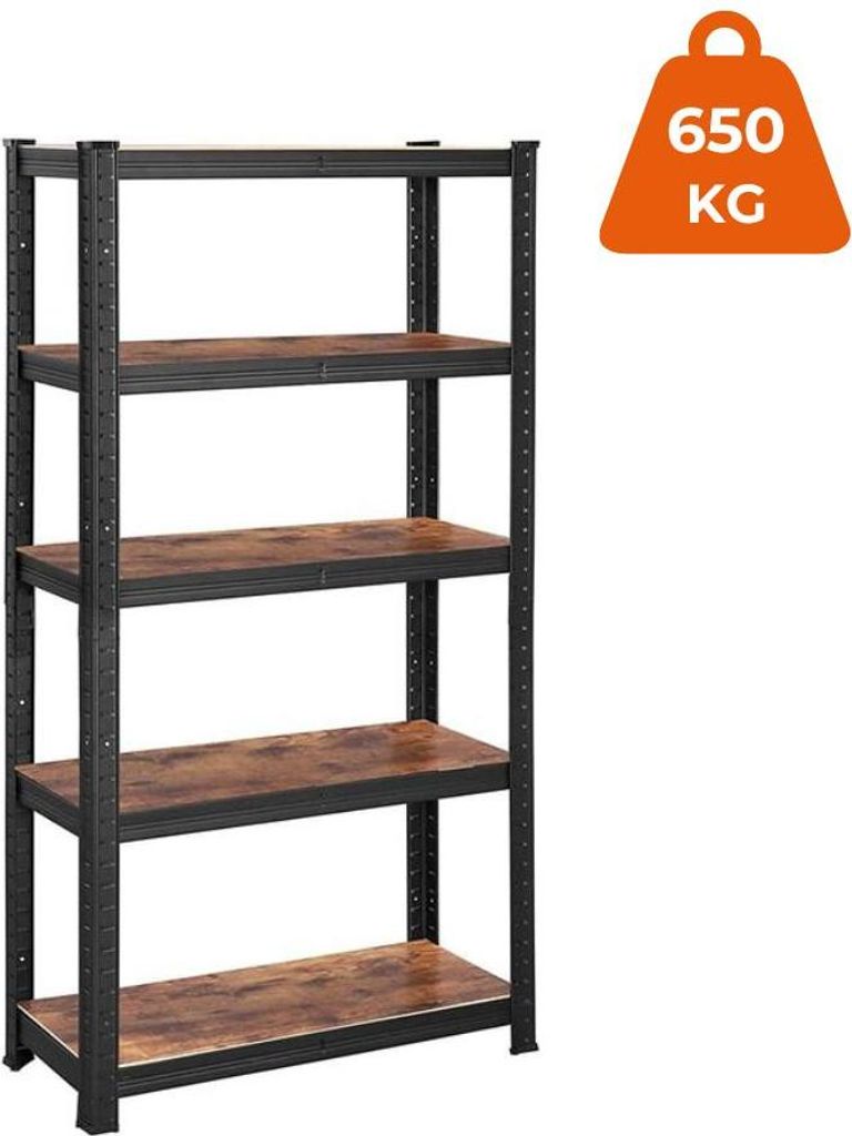 A black and brown five-tier shelving unit with a graphic overlay indicating a weight capacity.