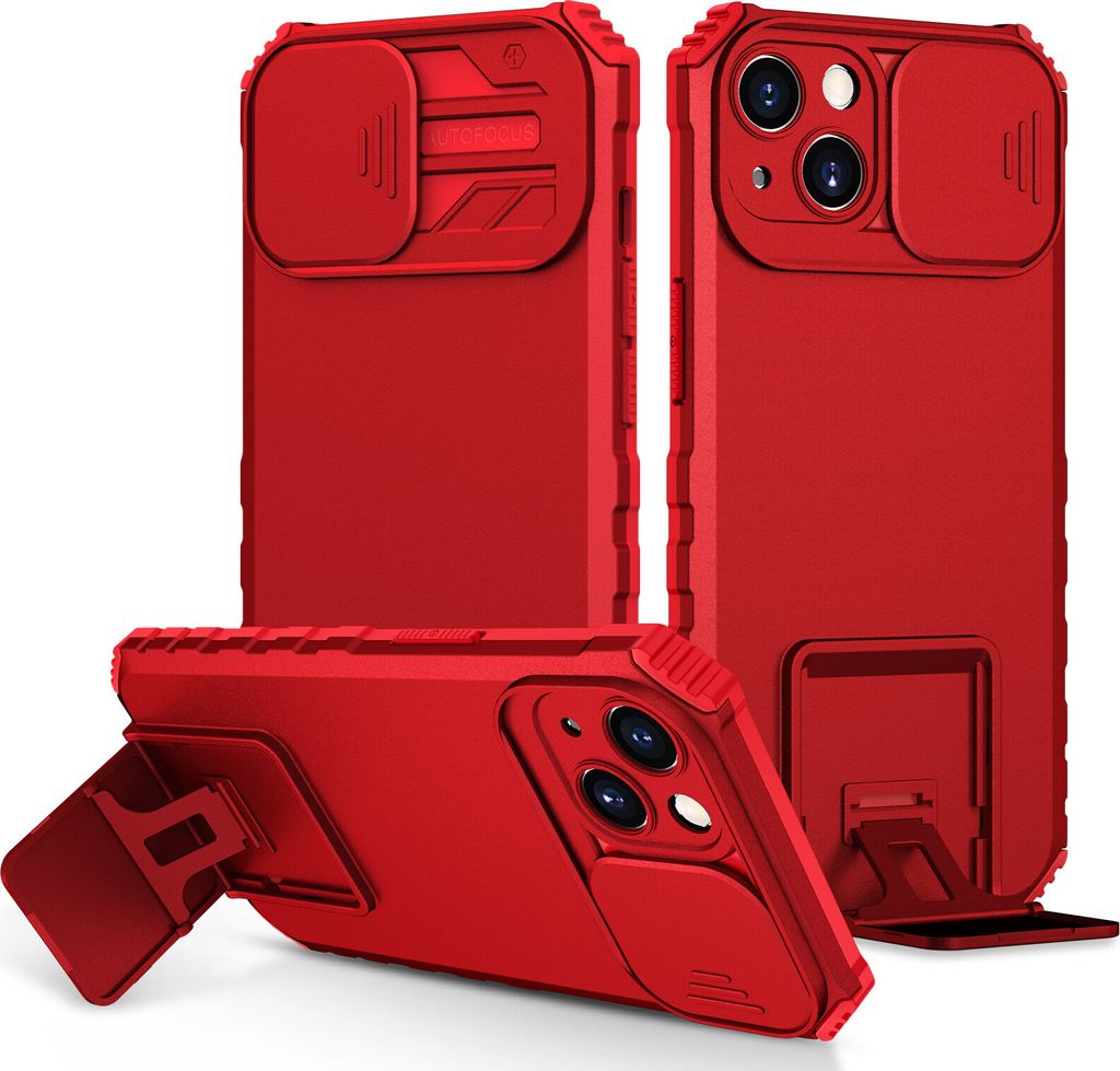 iPhone 15 Plus Hülle, Dual Layer Ständer Schutzhülle mit Schiebe Kamera Schutz für iPhone 15 Plus Rot