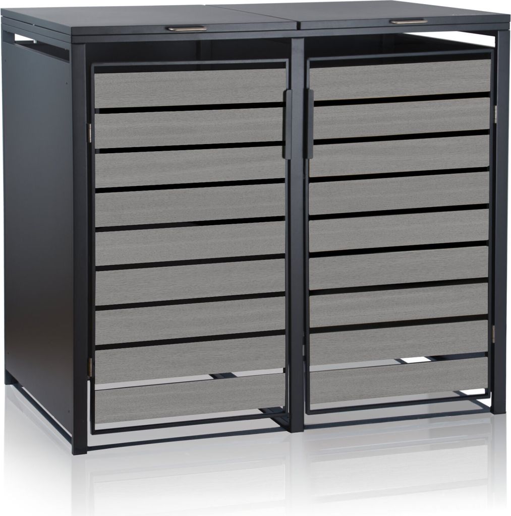 A two-bin trash can enclosure with doors.