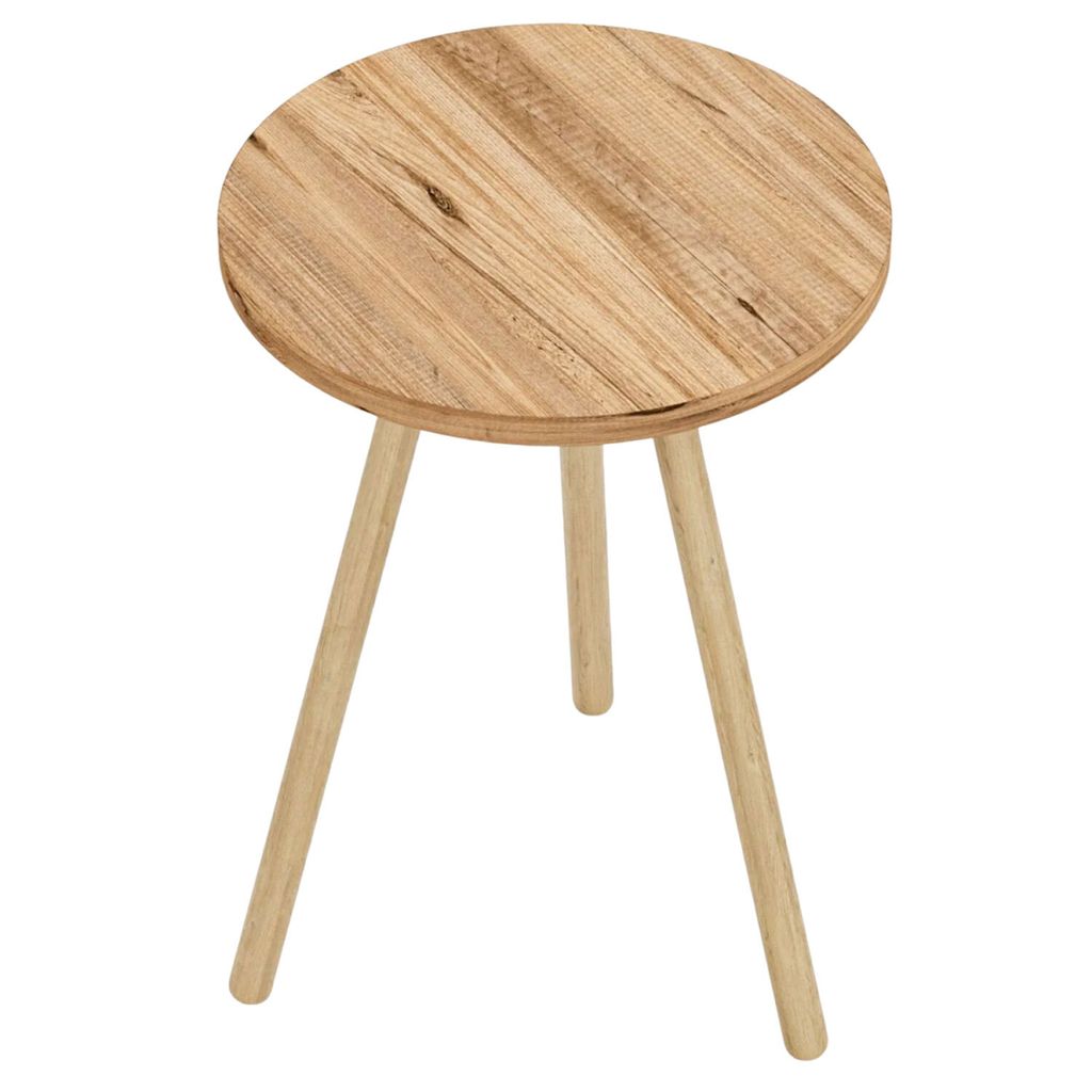 A round wooden side table with three legs, shown against a white background.