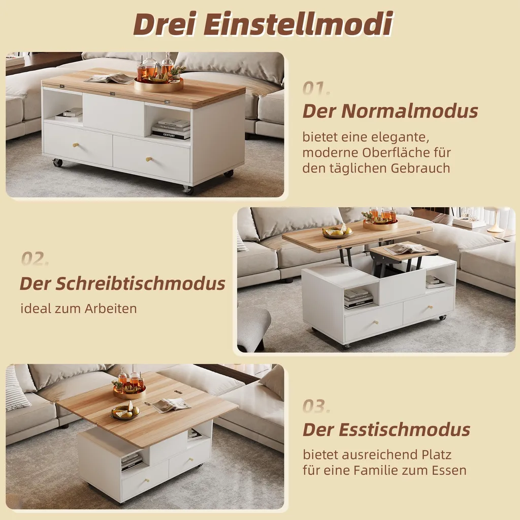 Table Basse Relevable et Extensible en Bois de Noyer avec Roulettes - 7