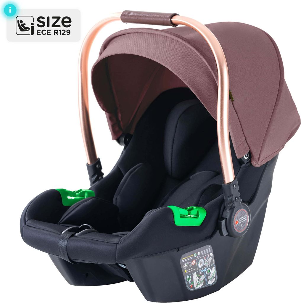 A baby car seat with its base, shown from a front-diagonal angle.