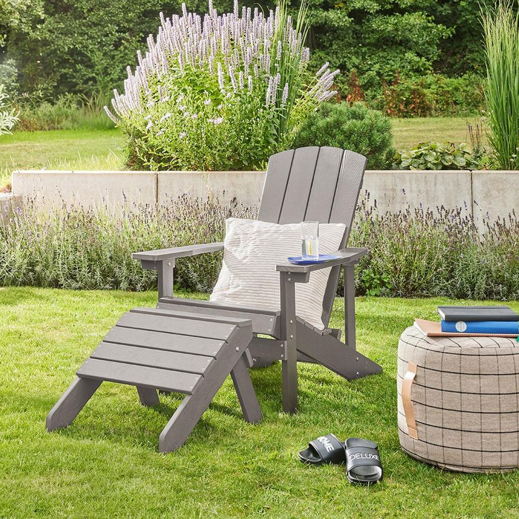 HOME DELUXE Gartenstuhl FAREA – Grau | Komfortabler Outdoor-Stuhl inkl. Hocker aus HDPE-Kunststoff für Terrasse & Garten