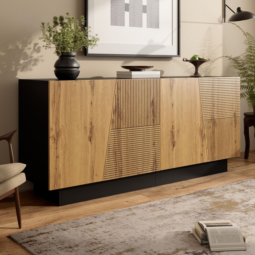 Merax Modernes Sideboard mit großem Stauraum, Kommode mit geometrischem Design und verstellbarem Einlegeboden, für Wohnzimmer und Esszimmer, Natur