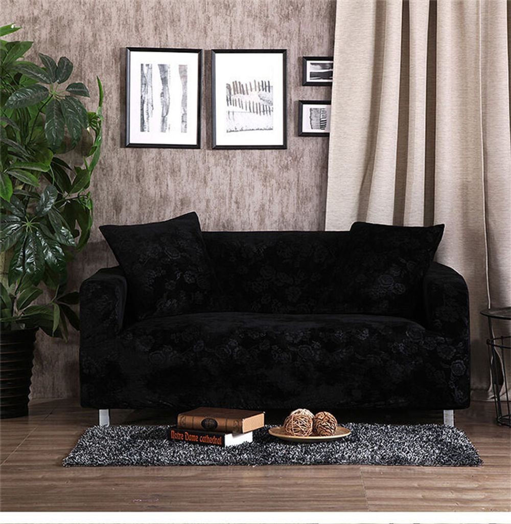 2-Sitzer Dick Sofabezug Stretch Möbelbezüge Elastische Sofabezüge Für Wohnzimmer(145-185 cm), Farbe Schwarz