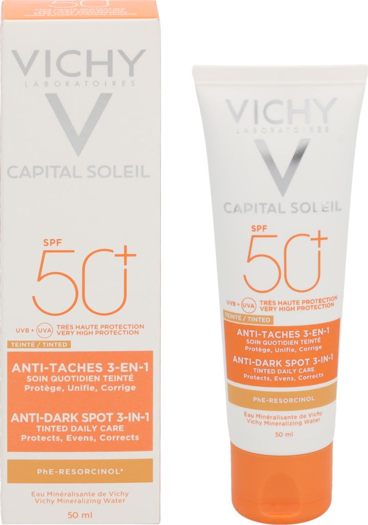 A product shot of a Vichy Capital Soleil sunscreen tube and its packaging.