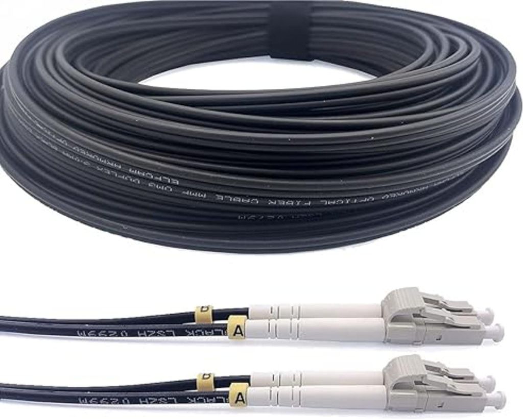 Elfcam - 50 m Glasfaserkabel OS2 LC/UPC zu LC/UPC, Duplex Singlemode 9/125 μm, Stahlarmiert, Innen/Außen, G657A2, LSZH, 10G-kompatibel