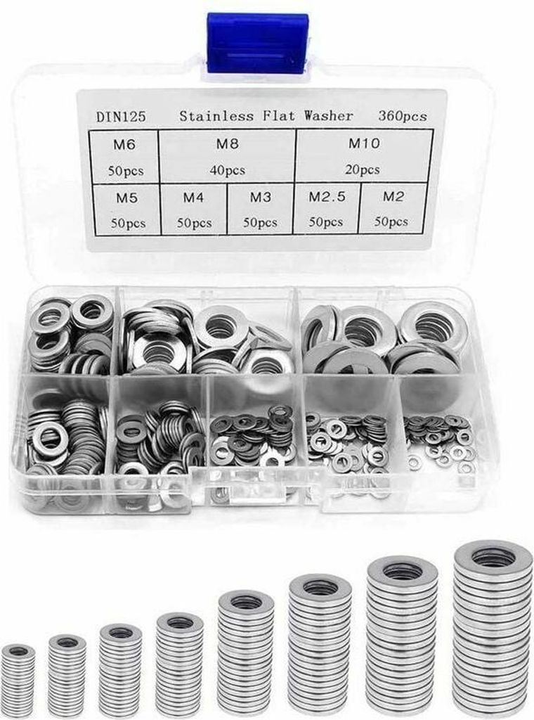 360-teiliges Sortiment an flachen Unterlegscheiben aus Edelstahl, Metallscheiben, Abflussdichtung, Türscharnierscheiben, Spülbecken-Unterlegschei...
