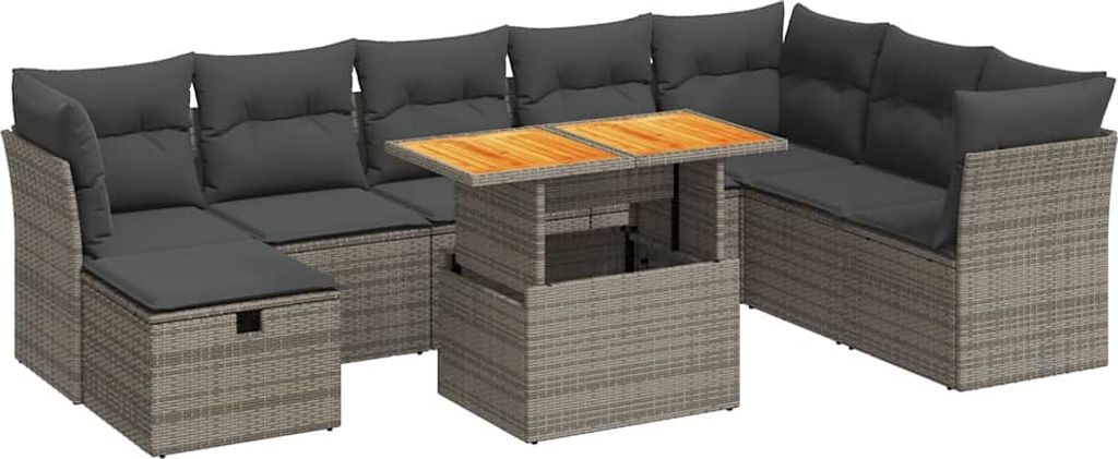 vidaXL 9-tlg. Garten-Sofagarnitur mit Kissen Grau Poly Rattan Akazie