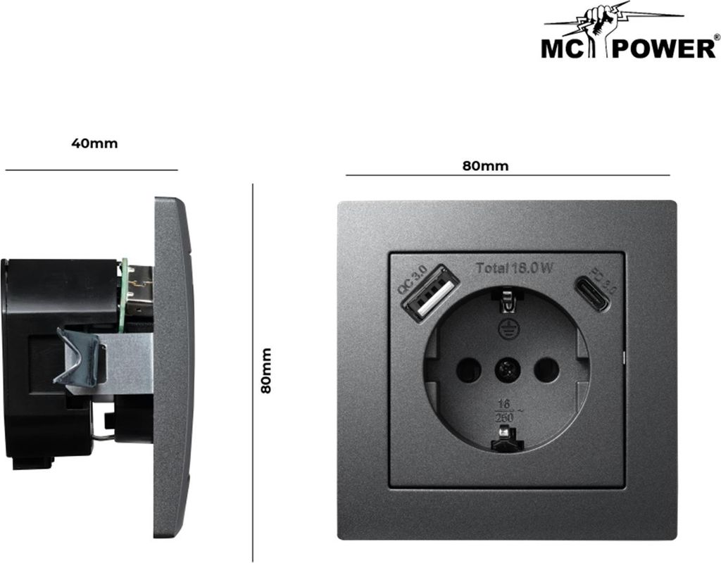 Schutzkontakt-Steckdose McPower Flair 1x USB-C 18W PD 1x Produktbild 