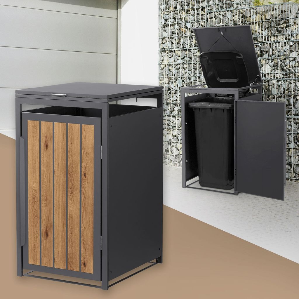 ML-Design Mülltonnenbox 1er, Mülltonnenverkleidung für 1 Tonne, 240L 68x80x120 cm, Anthrazit-Holzoptik, aus Stahl, Müllbox mit Klappdeckel und ...