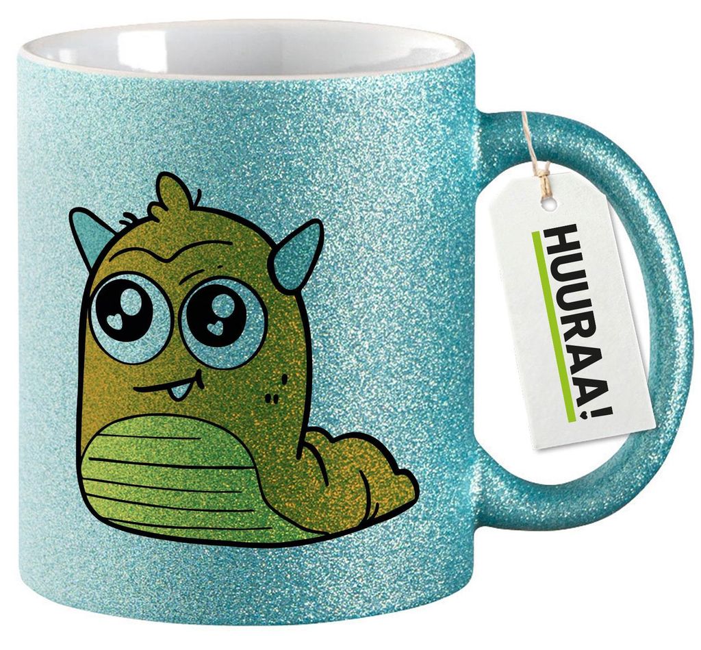 Huuraa Glitzertasse süßes Monster Orange 330ml Blau Keramik Kaffeebecher Geschenkidee