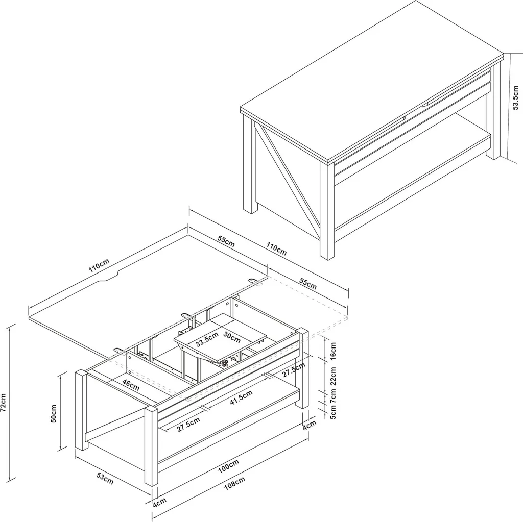 Table de salon rectangulaire relevable Kasama avec 3 coffres de rangement