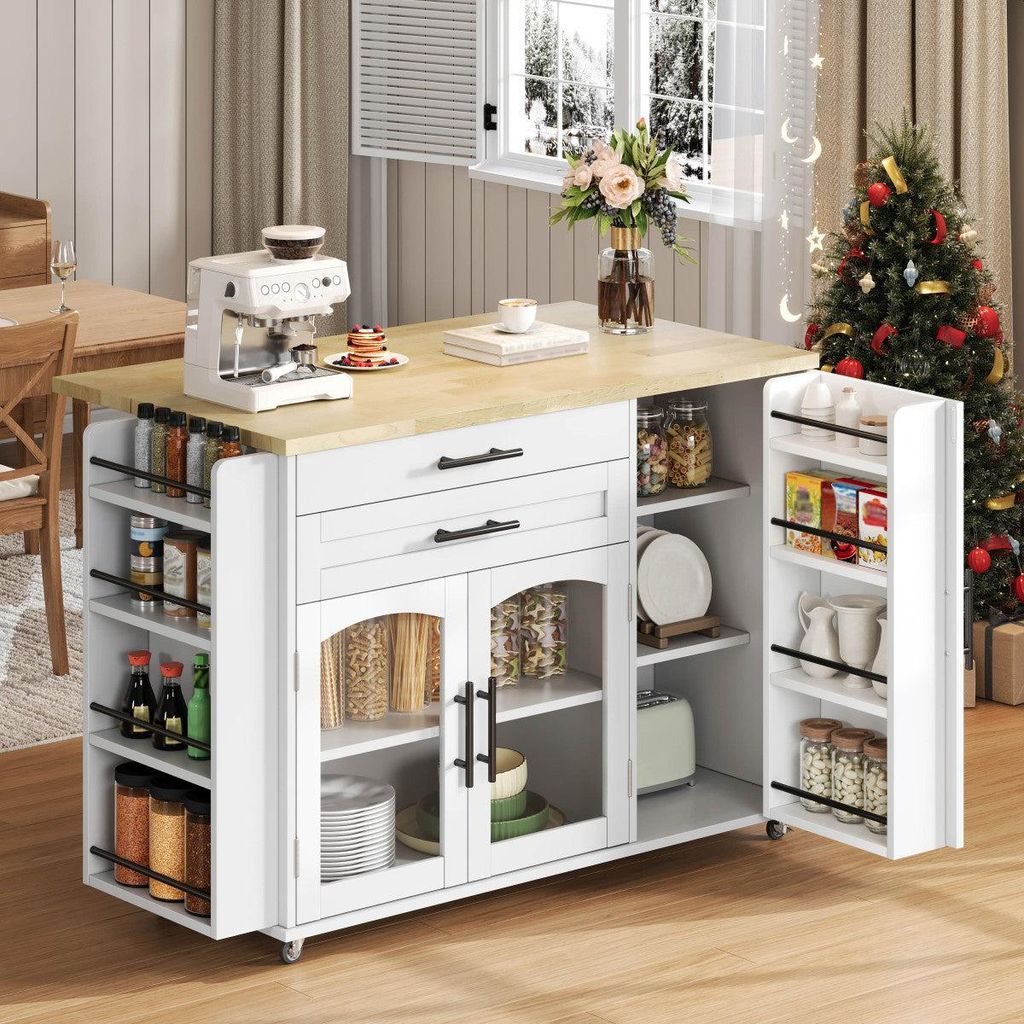 Mobiler Küchenwagen mit klappbarer Arbeitsplatte 120x45 70 x90 cm Kücheninsel mit 5 Rollen Gewürzregal und Besteckschublade Stauraumlösung Weiß