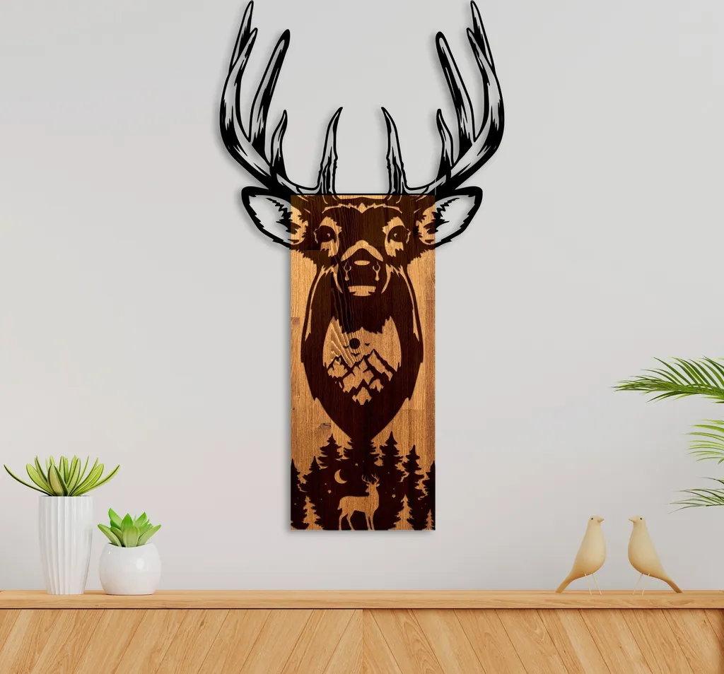 Déco Murale Salon Cerf et Forêt en Bois de Noyer pour Intérieur Chic