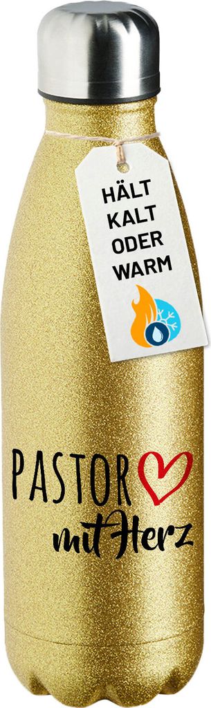 Huuraa Trinkflasche Pastor mit Herz 500ml Gold Edelstahl Wasserflasche Trinkflasche Geschenkidee