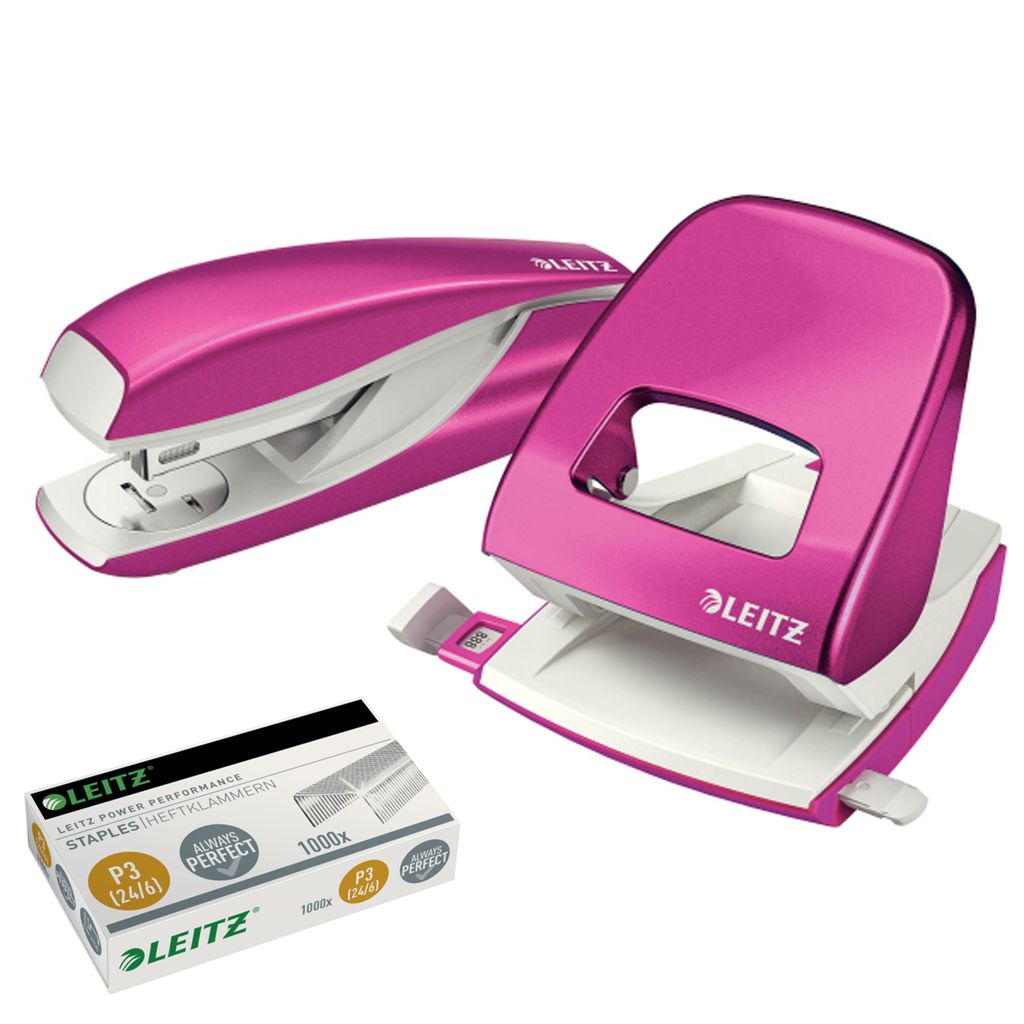 Locher Leitz 5008 + Hefter 5502 NeXXt, Metall, + 1000 Heftklammern 24/6, Kombi-Set , Farbe:pink metallic