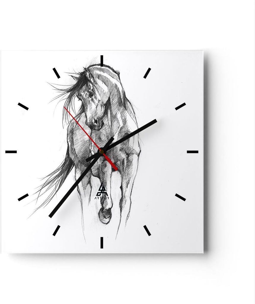Wanduhr - Quadrat - Glasuhr - Pferd Galopp Tier - 40x40cm - Schleichendes Uhrwerk - Lautlos - zum Aufhängen bereit - Dekoration Modern - Wanddekor...