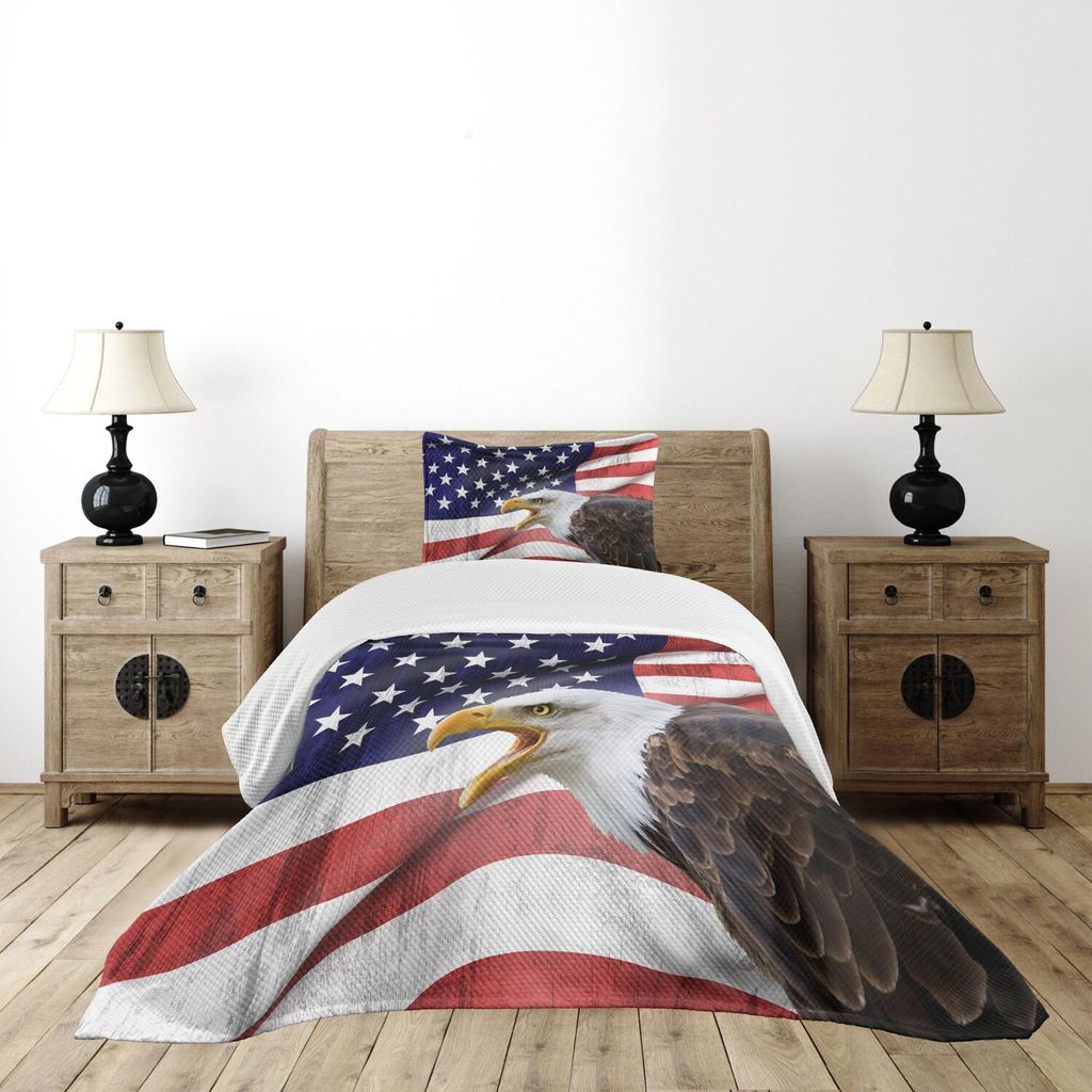 ABAKUHAUS Amerikanische Flagge Tagesdecke Set, Adler auf den Vordergrund Banner Stolz Geschichte Solidarität Martial Identity Symbol, 170 x 220 cm...