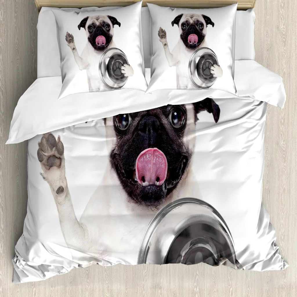 Parure de lit 2 personnes motif chien Mops en tissu anti-acariens crème