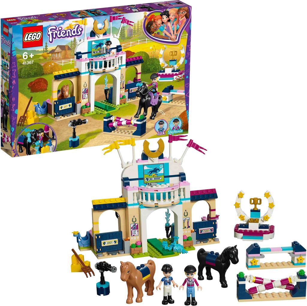 A LEGO Friends Stephanies Reitturnier playset is shown, both in its packaging and assembled.