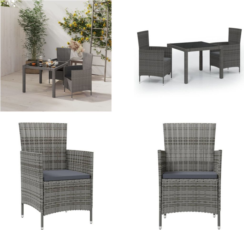 vidaXL 3 tlg. Garten Essgruppe mit Auflagen Poly Rattan Grau - Esszimmergarnitur Für Den Außenbereich - Esszimmer-Sets Für Den Außenbereich - E...