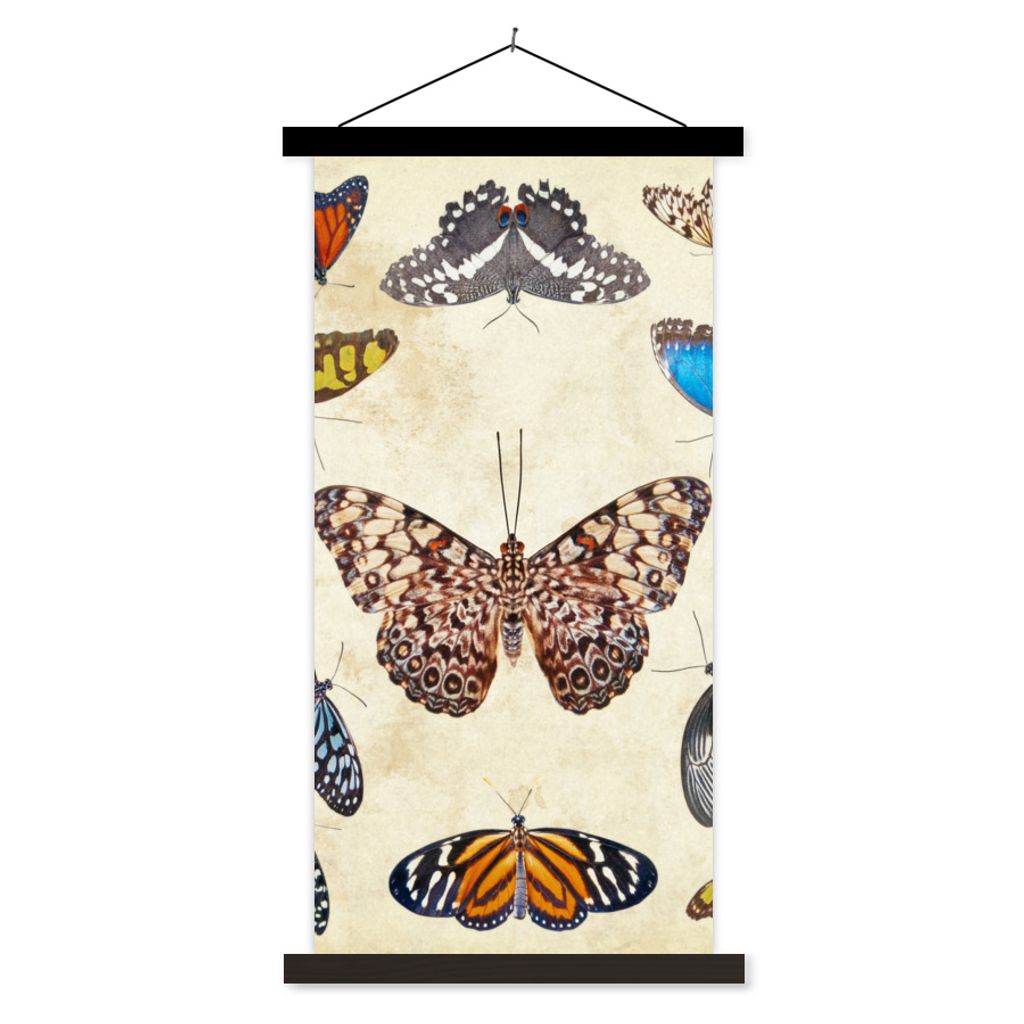 MuchoWow Textilposter Botanischer Druck Schmetterlinge 90x180 cm mit schwarzem Rahmen - Dekoration Wohnzimmer