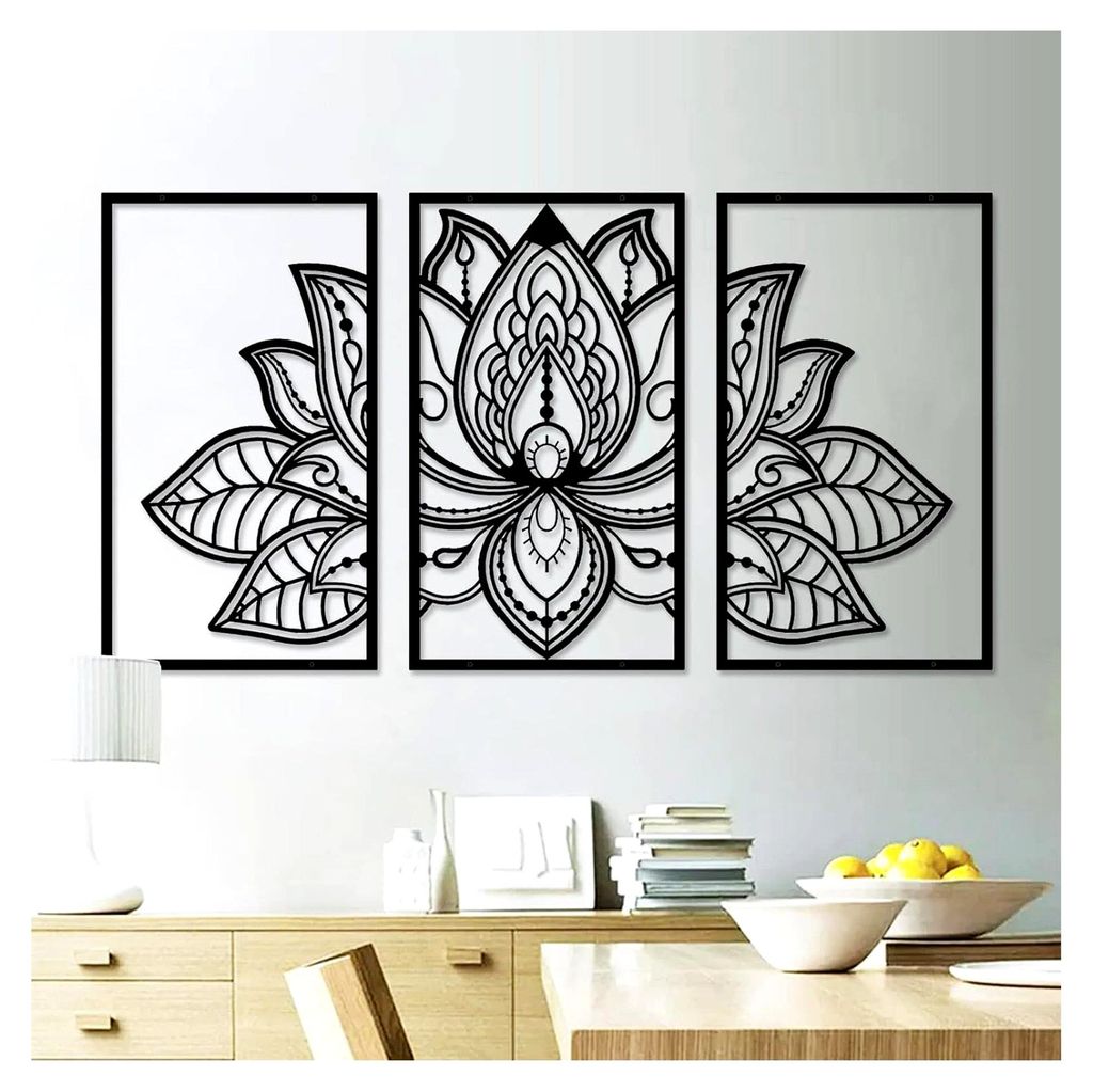 3 Stück Lotusblume Wandkunst Nachbildung Metall Mandala Wanddekoration für Wohnzimmer, Schlafzimmer, Büro und Yoga-Raum (schwarz)