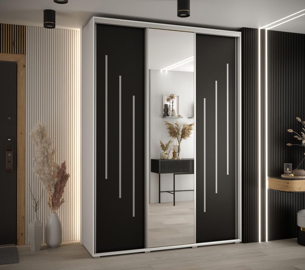 Kleiderschrank YVONA 9 – 180/45 cm, weiß/schwarz/silber