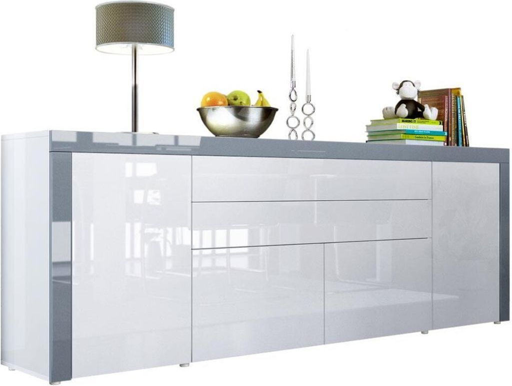 Vladon Sideboard La Paz V2, Germany, Kommode mit 2 Türen, 2 Schubkästen und 2 Klappen, Weiß Hochglanz/Weiß Hochglanz/Grau Hochglanz (200 x 72 x...