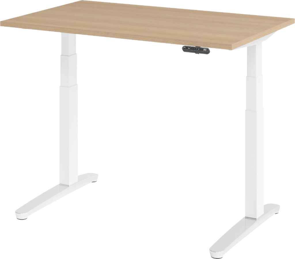 bümö Schreibtisch elektrisch XBHM - Größe: 120 x 80 cm, Nachbildung: Eiche, Gestell: Weiß/Alu poliert